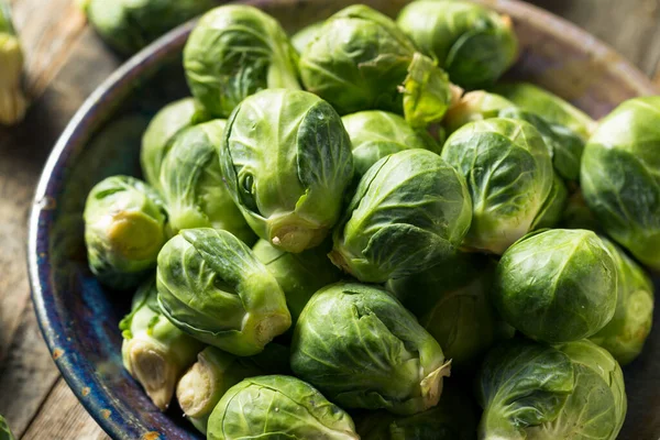 Raw Organic Green Brussel Sprouts Een Schaal — Stockfoto