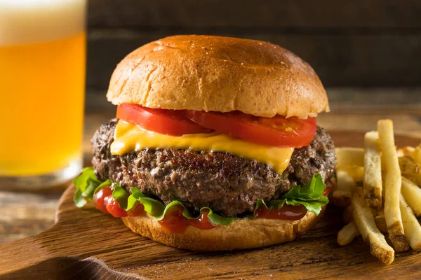 Homemade Grass Fed Cheeseburger Fries Beer — Stock Photo, Image