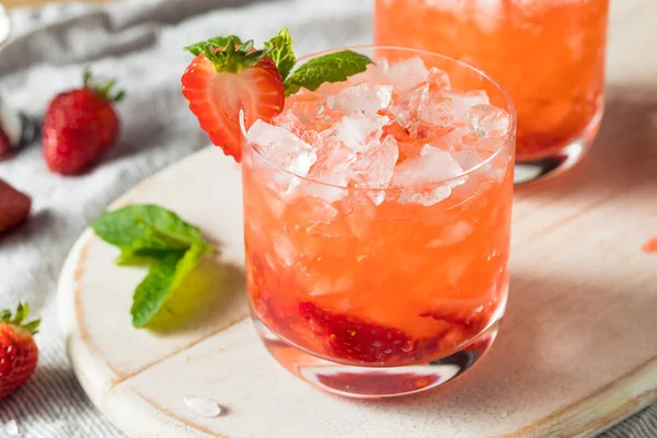 Homemade Boozy Strawberry Mint Smash Cocktail Gin — Stock Photo, Image