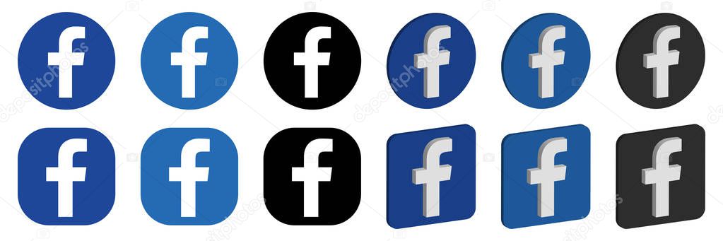 VORONEZH, RUSSIA - JANUARY 16, 2020: Set of Facebook logo round and square, flat and isometric icons in blue and black colors