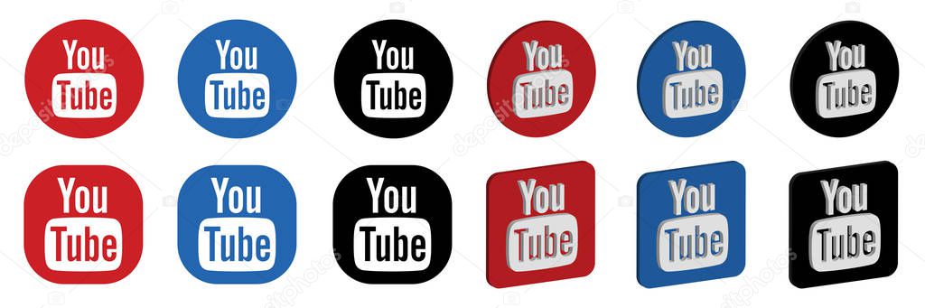 VORONEZH, RUSSIA - JANUARY 16, 2020: Set of YouTube logo round and square, flat and isometric icons in red, blue and black colors
