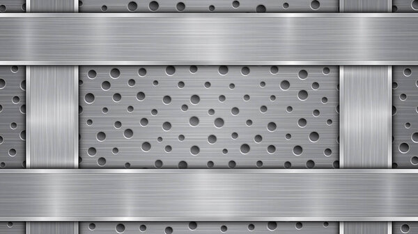 Металлический фон с отверстиями и четырьмя полированными пластинами
