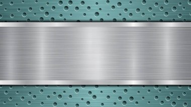 Açık mavi delikli metalik yüzey ve metal desenli yatay gümüş plaka, parlaklıklar ve parlak kenarlar.
