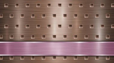 Bronz delikli metalik yüzey ve metal desenli, parlak kenarlı, yatay mor cilalı plaka.