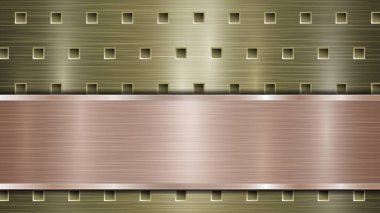 Altından delinmiş metalik yüzeyin arka planında delikler ve yatay bronz plaka ile metal bir doku, parıltılar ve parlak kenarlar var.