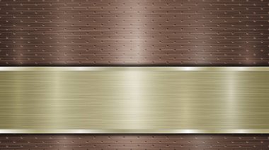 Bronz delikli metalik yüzey ve yatay altın kaplama metal desenli, parıltılı ve parlak kenarlı.