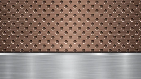 Background of bronze perforated metallic surface with holes and horizontal silver polished plate with a metal texture, glares and shiny edges