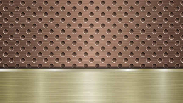 Background of bronze perforated metallic surface with holes and horizontal golden polished plate with a metal texture, glares and shiny edges