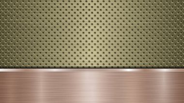 Altından delinmiş metalik yüzeyin arka planında delikler ve yatay bronz plaka ile metal bir doku, parıltılar ve parlak kenarlar var.