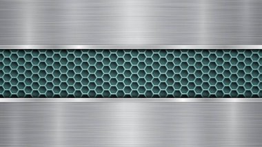 Açık mavi delikli metalik yüzey ve metal desenli, parlak kenarlı iki yatay gümüş plaka.