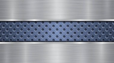 Delikli mavi delikli metalik yüzey arkaplanı ve metal desenli, parlak kenarlı iki yatay gümüş levha.