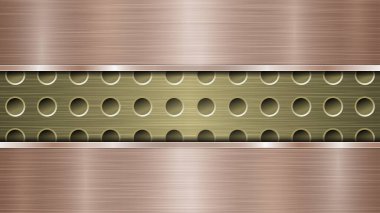 Altın delikli metalik yüzeyin arka planı, iki yatay bronz plaka, metal doku, parlaklıklar ve parlak kenarlar.