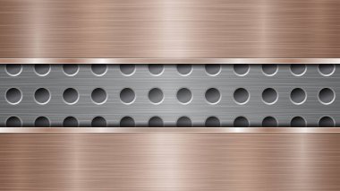 Gümüş delikli metalik yüzey ve iki yatay bronz plaka, metal doku, parıltılar ve parlak kenarlar.
