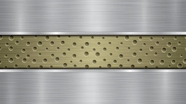 Background of golden perforated metallic surface with holes and two silver horizontal polished plates with a metal texture, glares and shiny edges