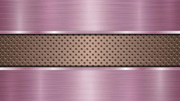 Background of bronze perforated metallic surface with holes and two horizontal purple polished plates with a metal texture, glares and shiny edges