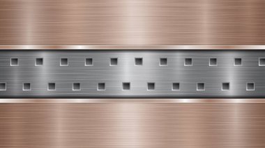 Gümüş delikli metalik yüzey ve iki yatay bronz plaka, metal doku, parıltılar ve parlak kenarlar.