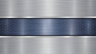 Background of blue perforated metallic surface with holes and two horizontal silver polished plates with a metal texture, glares and shiny edges clipart