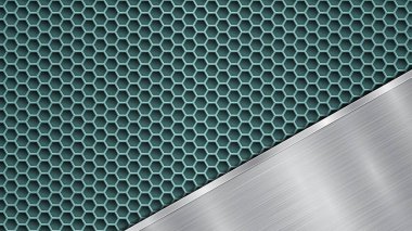 Açık mavi delikli metalik yüzey ve metal dokusu, parıltıları ve parlak kenarları olan açılı gümüş plaka.