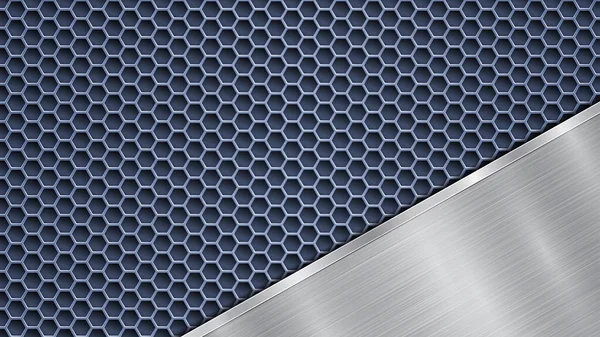 Background of blue perforated metallic surface with holes and angled silver polished plate with a metal texture, glares and shiny edges