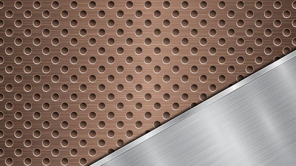 Background of bronze perforated metallic surface with holes and angled silver polished plate with a metal texture, glares and shiny edges