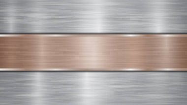 Arka planda gümüş parlak metalik bir yüzey ve merkezde bulunan yatay cilalı bronz bir plaka, metal bir doku, parıltı ve yanmış kenarları var.