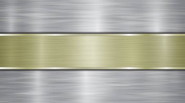 Arka planda gümüş parlak metalik bir yüzey ve merkezde bulunan bir yatay parlatılmış altın plaka, metal bir doku, parlaklıklar ve yanmış kenarları vardır.