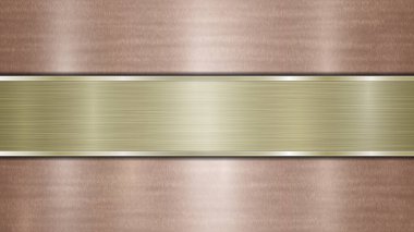 Bronz, parlak, metalik bir yüzey ve merkezde bulunan ve metal dokusu, parlaklığı ve yanmış kenarları olan yatay, altın bir plakadan oluşan bir arka plan.