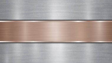 Arka planda gümüş parlak metalik bir yüzey ve merkezde bulunan yatay cilalı bronz bir plaka, metal bir doku, parıltı ve yanmış kenarları var.