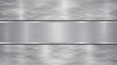 Gümüş ve gri renklerde arka plan, parlak metalik bir yüzey ve merkezde bulunan bir yatay cilalı plaka, metal bir doku, parlaklıklar ve yanmış kenarlardan oluşur.