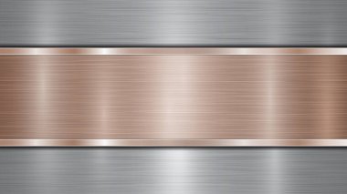 Arka planda gümüş parlak metalik bir yüzey ve merkezde bulunan yatay cilalı bronz bir plaka, metal bir doku, parıltı ve yanmış kenarları var.