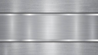 Gümüş ve gri renklerde arka plan, parlak metalik bir yüzey ve merkezde bulunan bir yatay cilalı plaka, metal bir doku, parlaklıklar ve yanmış kenarlardan oluşur.