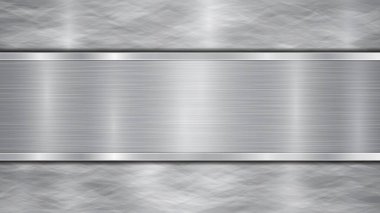 Gümüş ve gri renklerde arka plan, parlak metalik bir yüzey ve merkezde bulunan bir yatay cilalı plaka, metal bir doku, parlaklıklar ve yanmış kenarlardan oluşur.