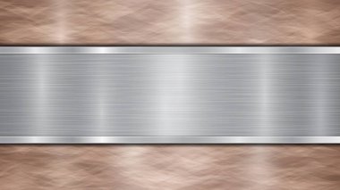 Bronz, parlak, metalik bir yüzey ve merkezde bulunan bir yatay gümüş plakadan oluşan arka plan, metal bir doku, parıltı ve yanmış kenarları ile