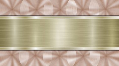 Bronz, parlak, metalik bir yüzey ve merkezde bulunan ve metal dokusu, parlaklığı ve yanmış kenarları olan yatay, altın bir plakadan oluşan bir arka plan.