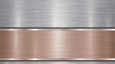 Arkaplanda gümüş parlak metalik bir yüzey ve bir yatay cilalı bronz plaka, metal bir doku, parlaklıklar ve yanmış kenarları bulunur.