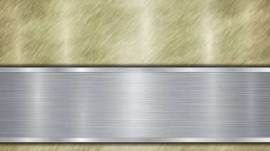 Altında altın gibi parlak metalik bir yüzey ve metal dokusu, parlaklığı ve yanmış kenarları bulunan yatay cilalı gümüş bir plakadan oluşan arkaplan