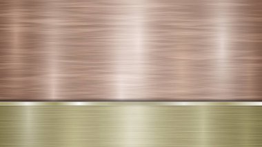 Bronz, parlak, metalik bir yüzeyi ve metal dokusu, parlaklığı ve yanmış kenarları bulunan yatay, altın bir plakadan oluşan bir arka plan.