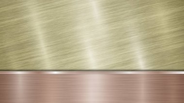 Altından oluşan arka plan parlak metalik bir yüzey ve bir yatay cilalı bronz plaka, metal dokusu, parıltısı ve yanmış kenarları ile aşağıda yer almaktadır.