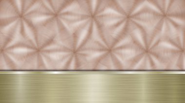 Bronz, parlak, metalik bir yüzeyi ve metal dokusu, parlaklığı ve yanmış kenarları bulunan yatay, altın bir plakadan oluşan bir arka plan.