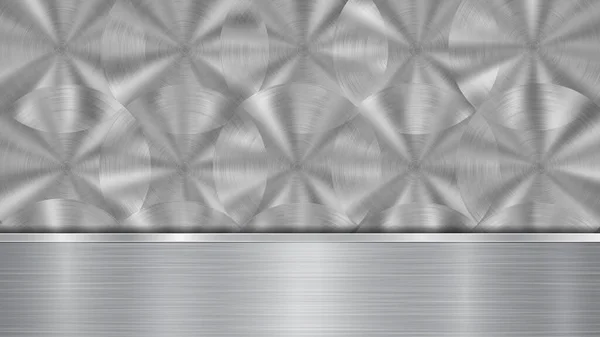 Background in silver and gray colors, consisting of a shiny metallic surface and one horizontal polished plate located below, with a metal texture, glares and burnished edges