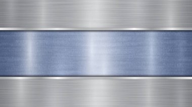 Arka plan mavi parlak metalik bir yüzey ve iki yatay cilalı gümüş plakadan oluşuyor. Üst ve alt kısımda metal bir doku, parlaklıklar ve yanmış kenarları var.