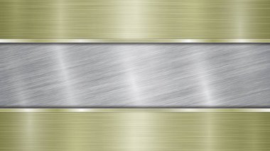 Arka plan gümüş, parlak, metalik bir yüzey ve iki yatay parlatılmış altın levhadan oluşuyor. Üst ve alt kısımda metal bir doku, parlaklıklar ve yanmış kenarları var.