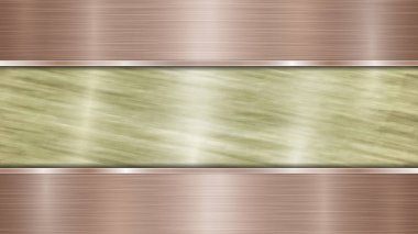 Altın gibi parlak metalik bir yüzey ve iki yatay cilalı bronz plakadan oluşan arka plan, metal bir doku, parıltı ve yanmış kenarları ile üst ve alt kısımda yer alır.