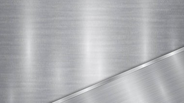 Gümüş ve gri renklerde arkaplan, parlak metalik bir yüzey ve köşegen şeklinde parlatılmış bir plaka, metal bir doku, parıltılar ve yanmış kenar.