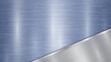 Arka planda mavi parlak metalik bir yüzey ve köşesinde metal bir doku, parıltılar ve yanmış kenarı bulunan parlak gümüş bir plaka bulunuyor.