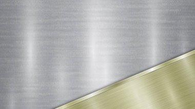 Gümüş, parlak metalik bir yüzeyi ve köşesinde metal bir dokusu, parıltısı ve yanmış kenarı olan parlak altın bir plakadan oluşan bir arka plan.