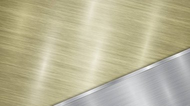 Altından parlak metalik bir yüzey ve köşesinde metal deseni, parıltısı ve yanmış kenarı olan parlak gümüş bir plakadan oluşan bir arka plan.