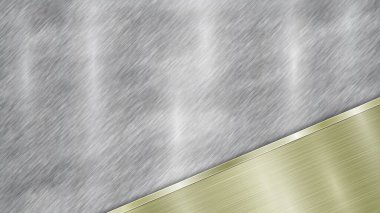 Gümüş, parlak metalik bir yüzeyi ve köşesinde metal bir dokusu, parıltısı ve yanmış kenarı olan parlak altın bir plakadan oluşan bir arka plan.