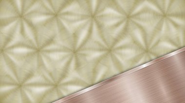 Altından parlak metalik bir yüzey ve köşesinde metal deseni, parıltısı ve yanmış kenarı olan cilalı bir bronz plakadan oluşan bir arka plan.