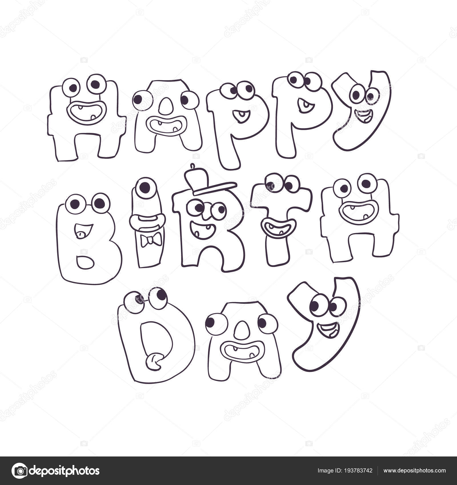 Cute Vector Monsters Doodle Happy Birthday Sign Stock Vector